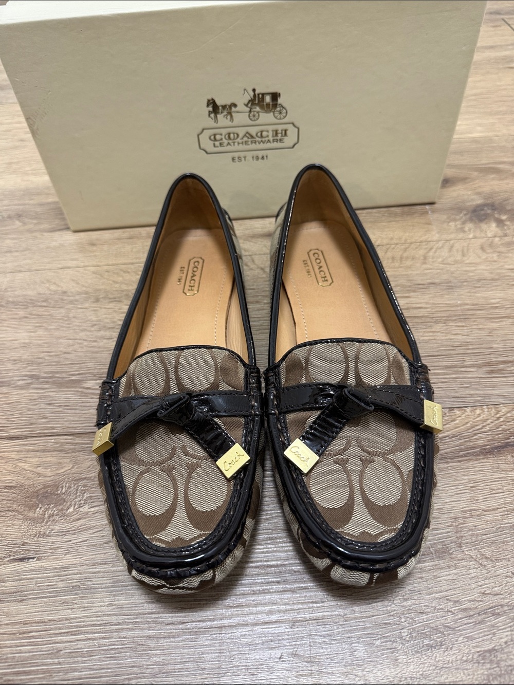 Y2K COACH Women's Brown Signature C monogram loafers.